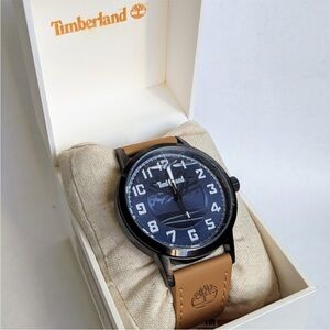Timberland Blue Face, tree in the background  Watch with Brown Leather Strap